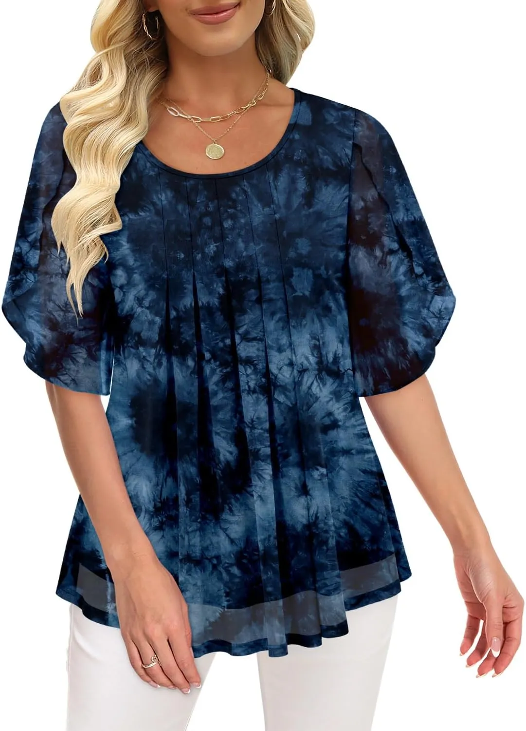 onlypuff Womens Double Layered Tunic Tops Half Sleeve Floral Double Layered Sheer Flowy Blouse Round/V Neck Casual Shirts