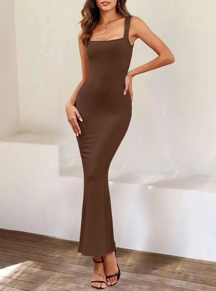 oten Bodycon Maxi Dresses for Women 2025 Summer Sleeveless Square Neck Lounge Ribbed Fitted Semi Formal Tight Long Dress