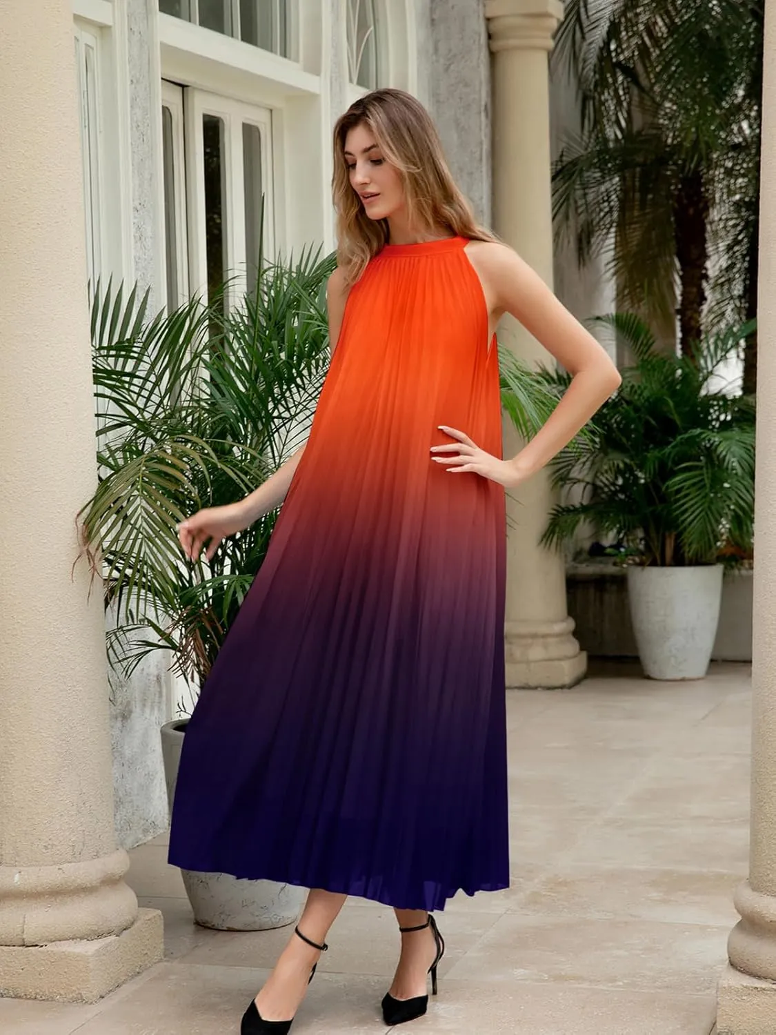 Paintcolors Women's Casual Halter Sleeveless Pleated Long Maxi Dress Backless Loose Ombre Summer Beach Chiffon Flowy Sundress
