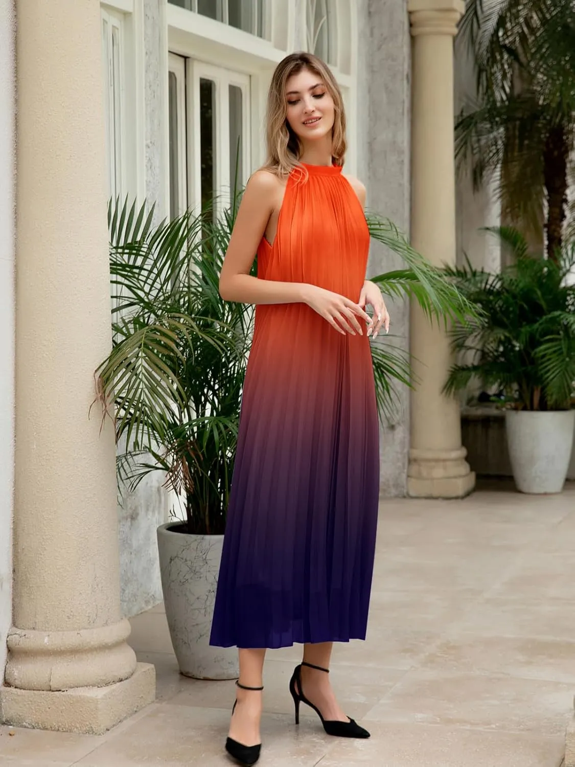 Paintcolors Women's Casual Halter Sleeveless Pleated Long Maxi Dress Backless Loose Ombre Summer Beach Chiffon Flowy Sundress