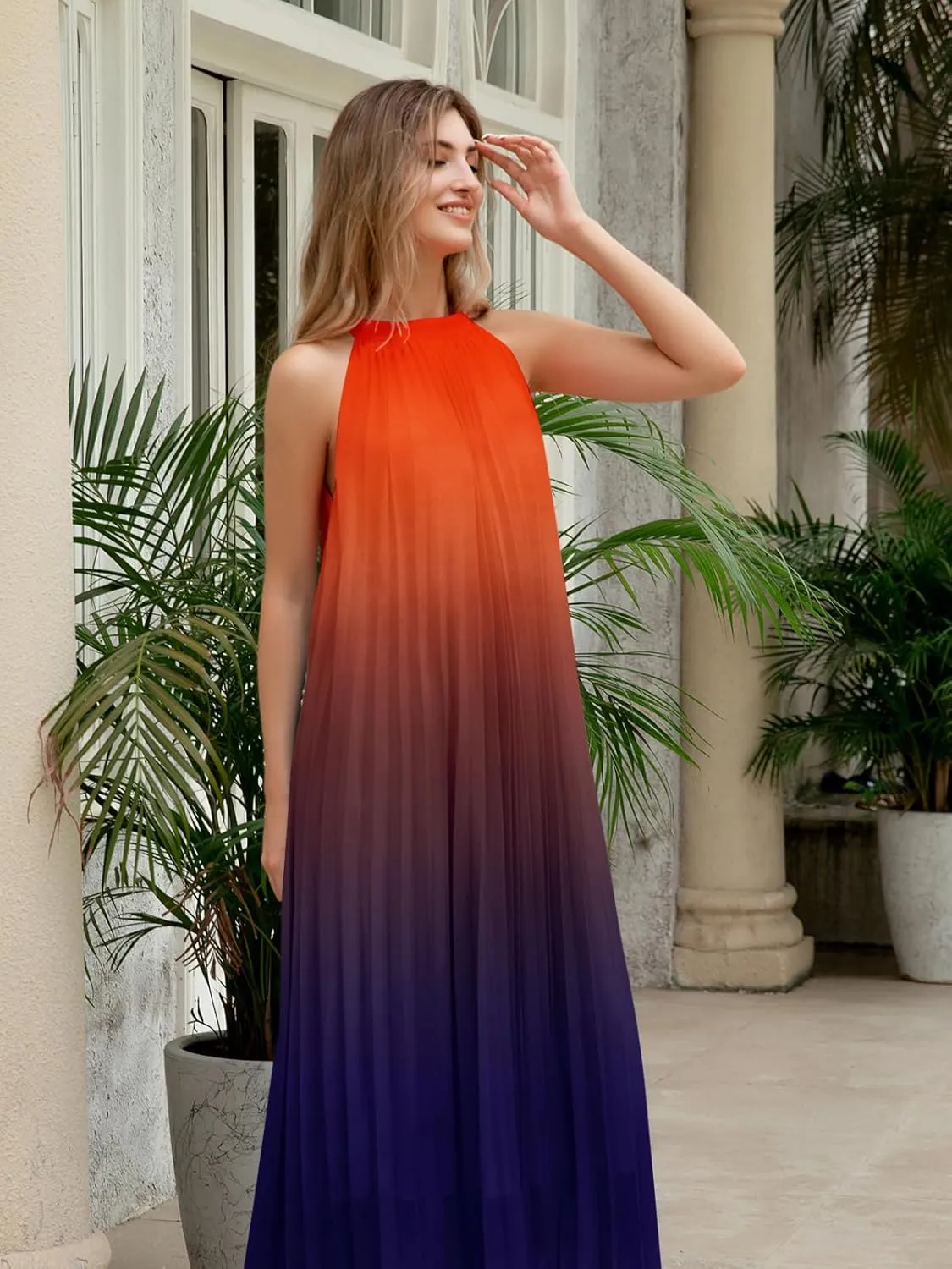 Paintcolors Women's Casual Halter Sleeveless Pleated Long Maxi Dress Backless Loose Ombre Summer Beach Chiffon Flowy Sundress
