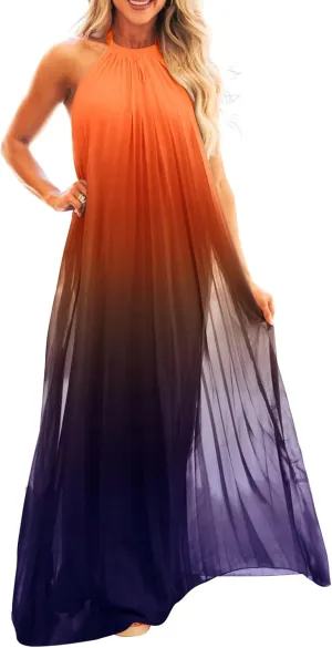 Paintcolors Women's Casual Halter Sleeveless Pleated Long Maxi Dress Backless Loose Ombre Summer Beach Chiffon Flowy Sundress