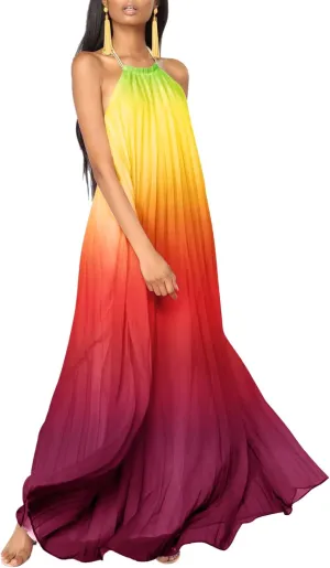 Paintcolors Women's Halter Sleeveless Long Maxi Dress Backless Casual Loose Ombre Summer Beach Chiffon Flowy Sundress