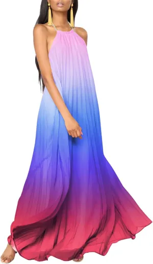 Paintcolors Women's Halter Sleeveless Long Maxi Dress Backless Casual Loose Ombre Summer Beach Chiffon Flowy Sundress