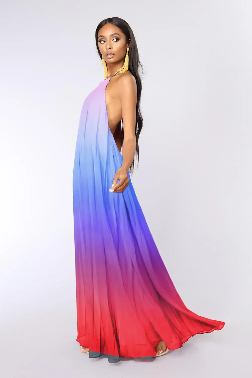Paintcolors Women's Halter Sleeveless Long Maxi Dress Backless Casual Loose Ombre Summer Beach Chiffon Flowy Sundress