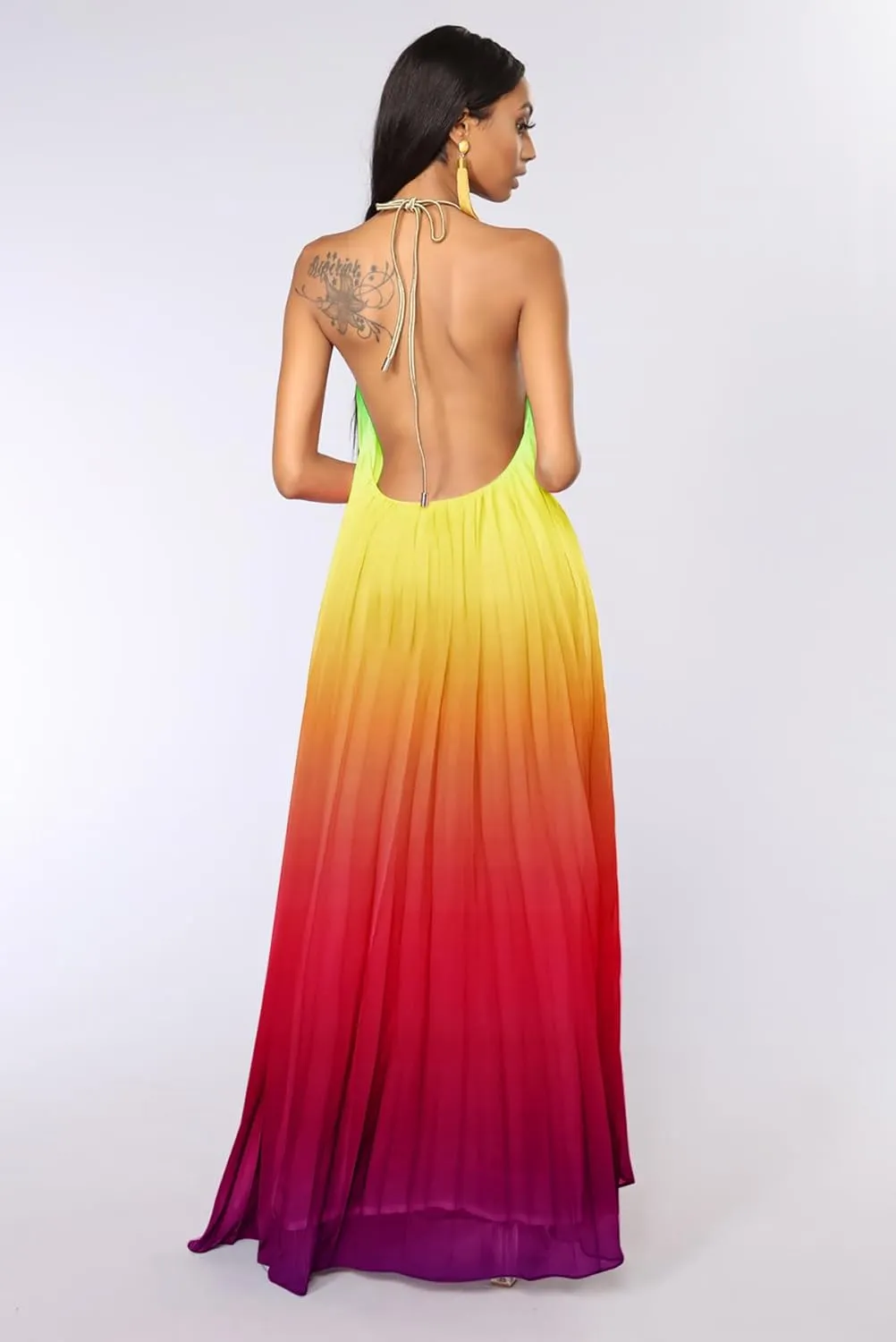 Paintcolors Women's Halter Sleeveless Long Maxi Dress Backless Casual Loose Ombre Summer Beach Chiffon Flowy Sundress