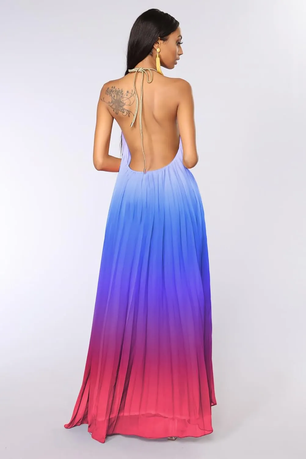 Paintcolors Women's Halter Sleeveless Long Maxi Dress Backless Casual Loose Ombre Summer Beach Chiffon Flowy Sundress