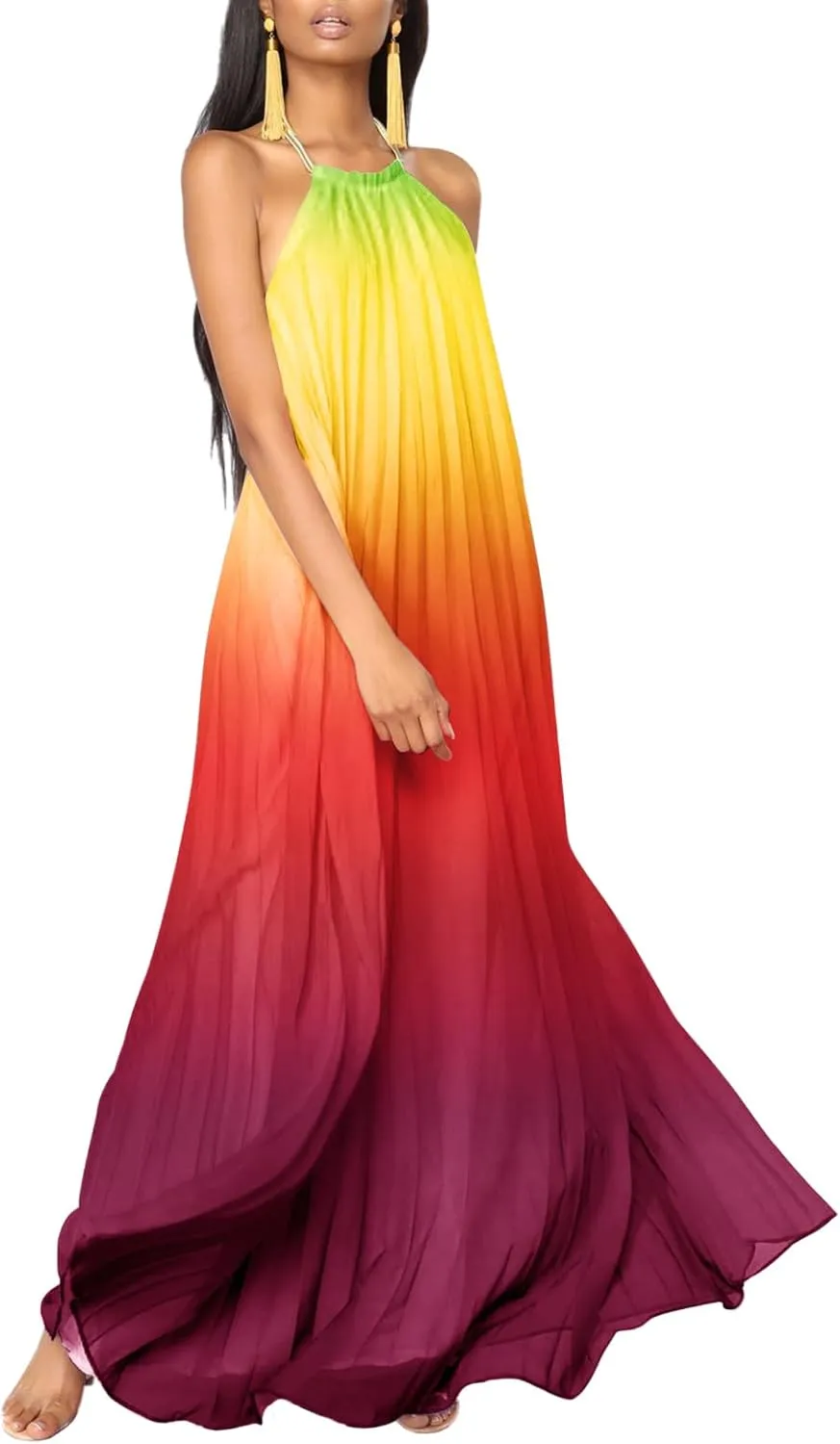 Paintcolors Women's Halter Sleeveless Long Maxi Dress Backless Casual Loose Ombre Summer Beach Chiffon Flowy Sundress