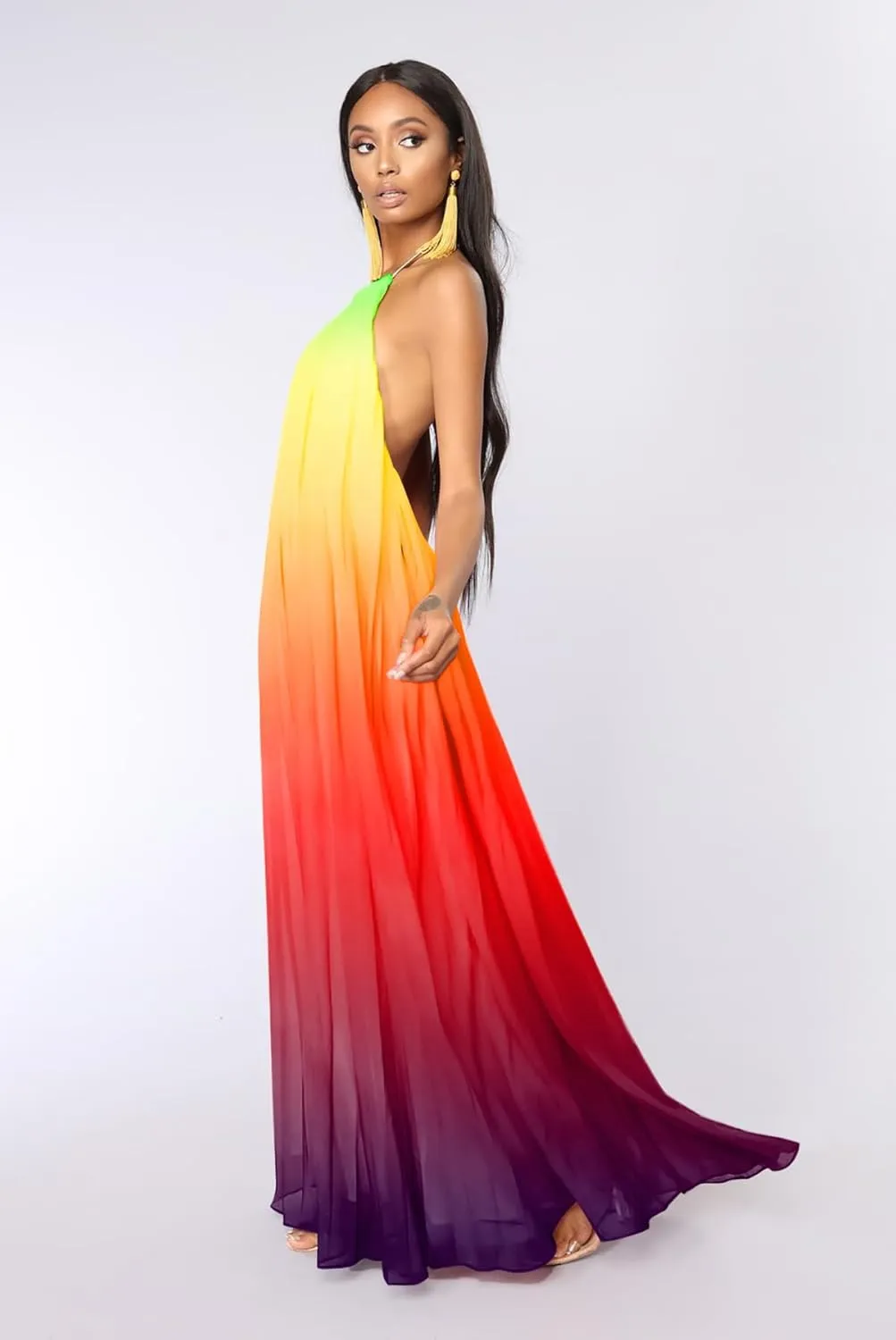 Paintcolors Women's Halter Sleeveless Long Maxi Dress Backless Casual Loose Ombre Summer Beach Chiffon Flowy Sundress