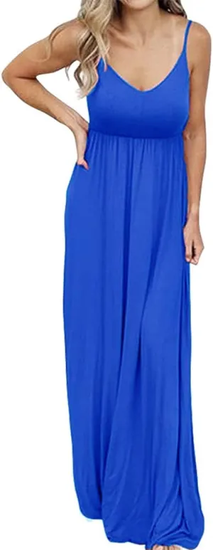 PALINDA Women's Sleeveless Summer V Neck Spaghetti Strap Casual Loose Empire Waist Maxi Dresses