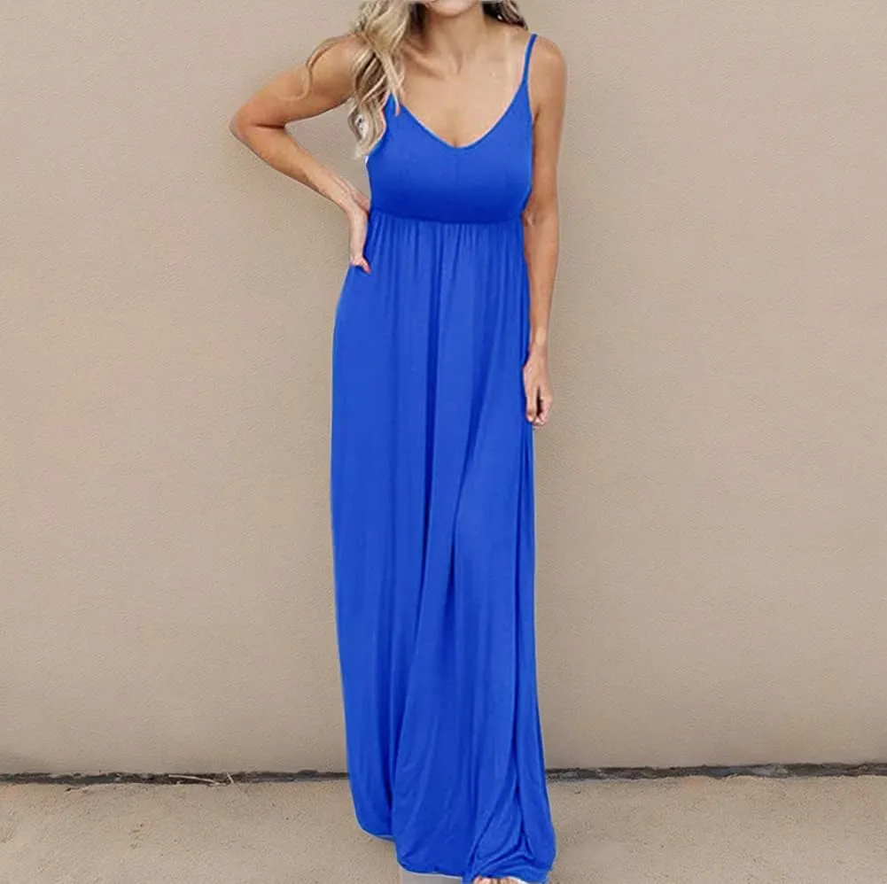 PALINDA Women's Sleeveless Summer V Neck Spaghetti Strap Casual Loose Empire Waist Maxi Dresses