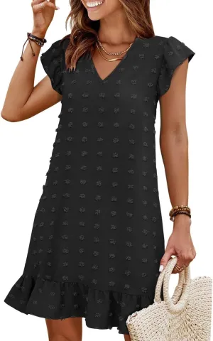 QACOHU Spring Summer Dresses for Women 2025 V Neck Cap Sleeve Ruffle Hem Smock Short Casual Outings Beach Dress
