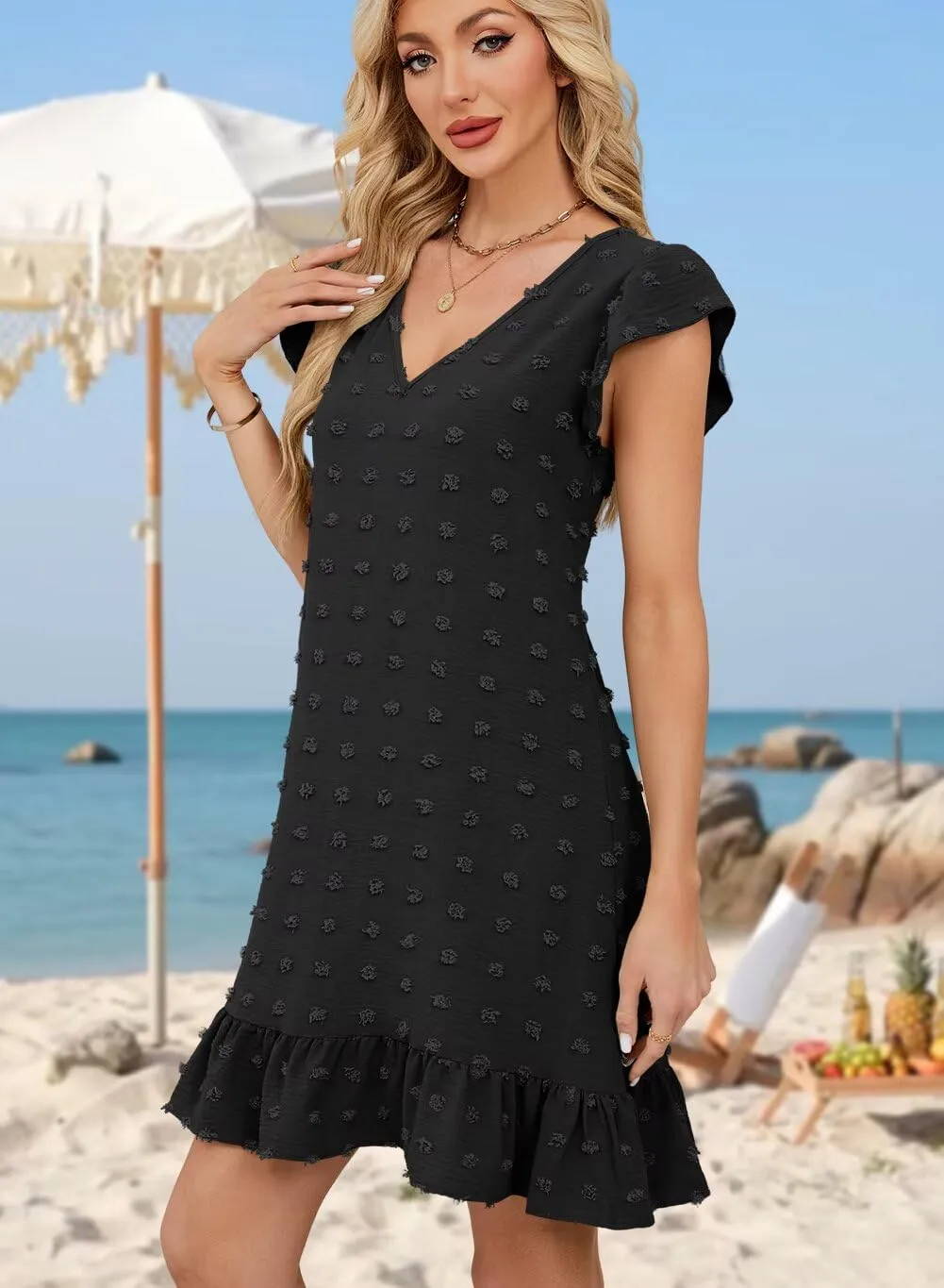 QACOHU Spring Summer Dresses for Women 2025 V Neck Cap Sleeve Ruffle Hem Smock Short Casual Outings Beach Dress