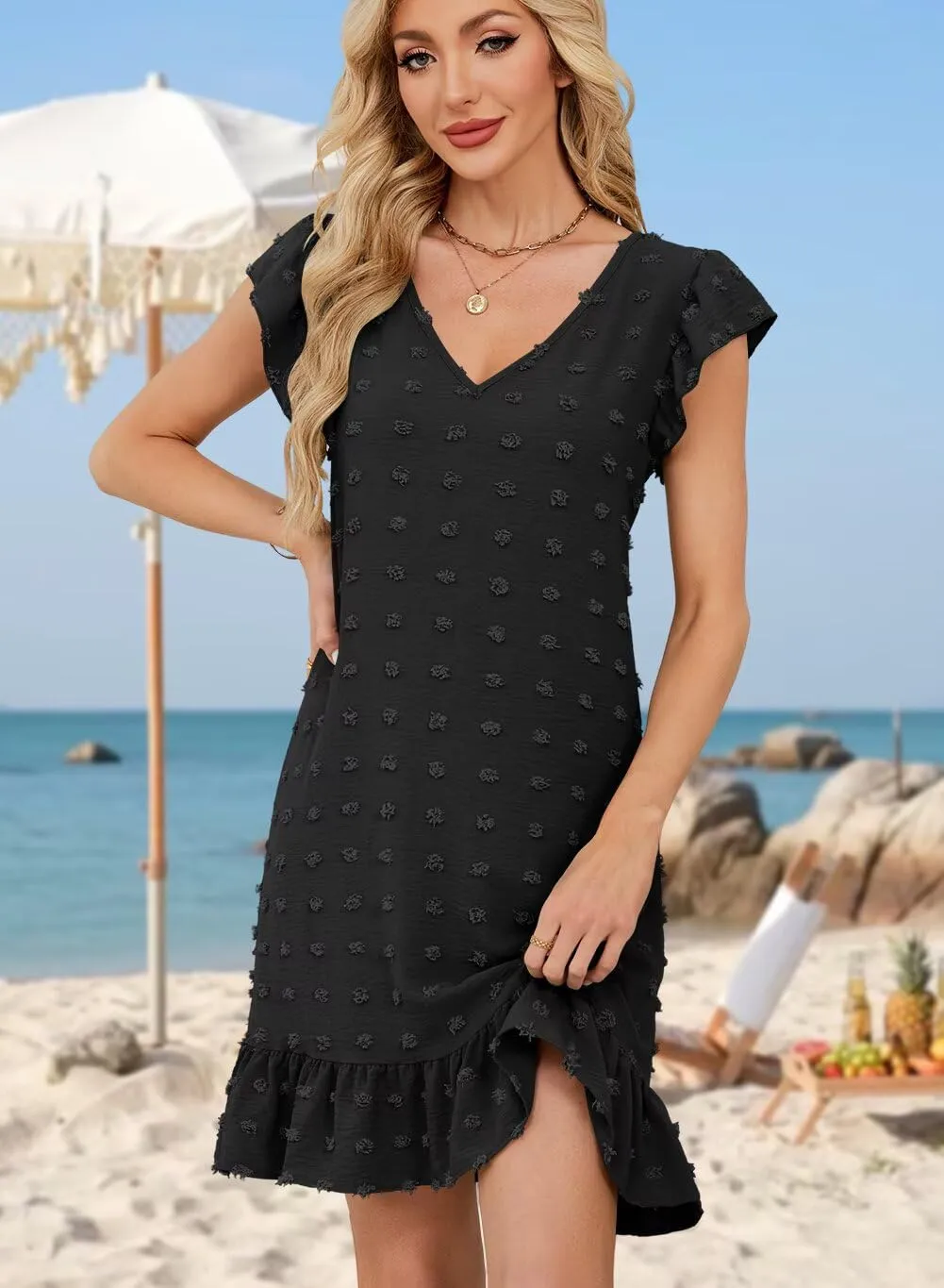 QACOHU Spring Summer Dresses for Women 2025 V Neck Cap Sleeve Ruffle Hem Smock Short Casual Outings Beach Dress