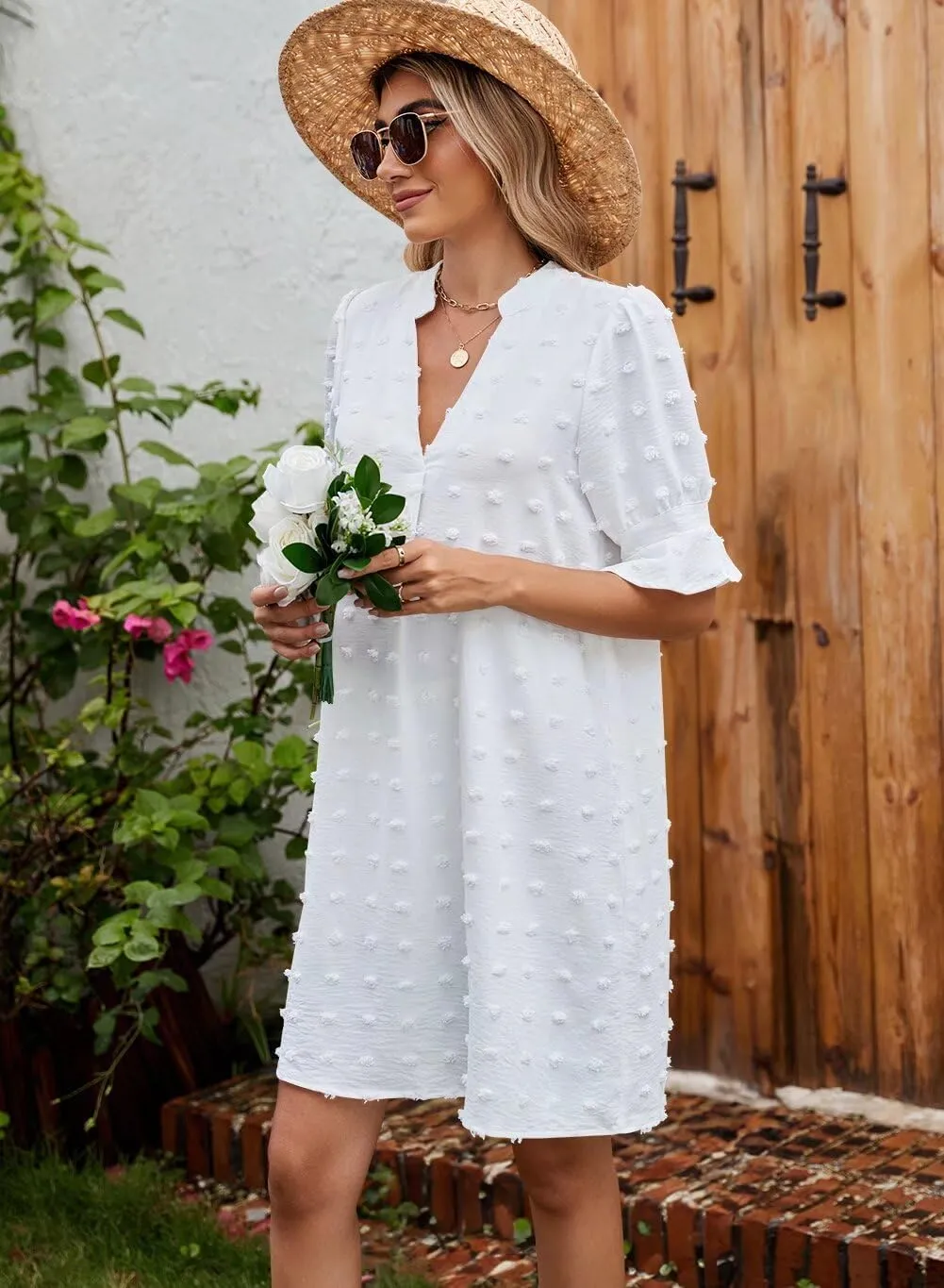QACOHU Summer Dresses for Women V Neck Ruffle Short Sleeve Casual Shift Dress