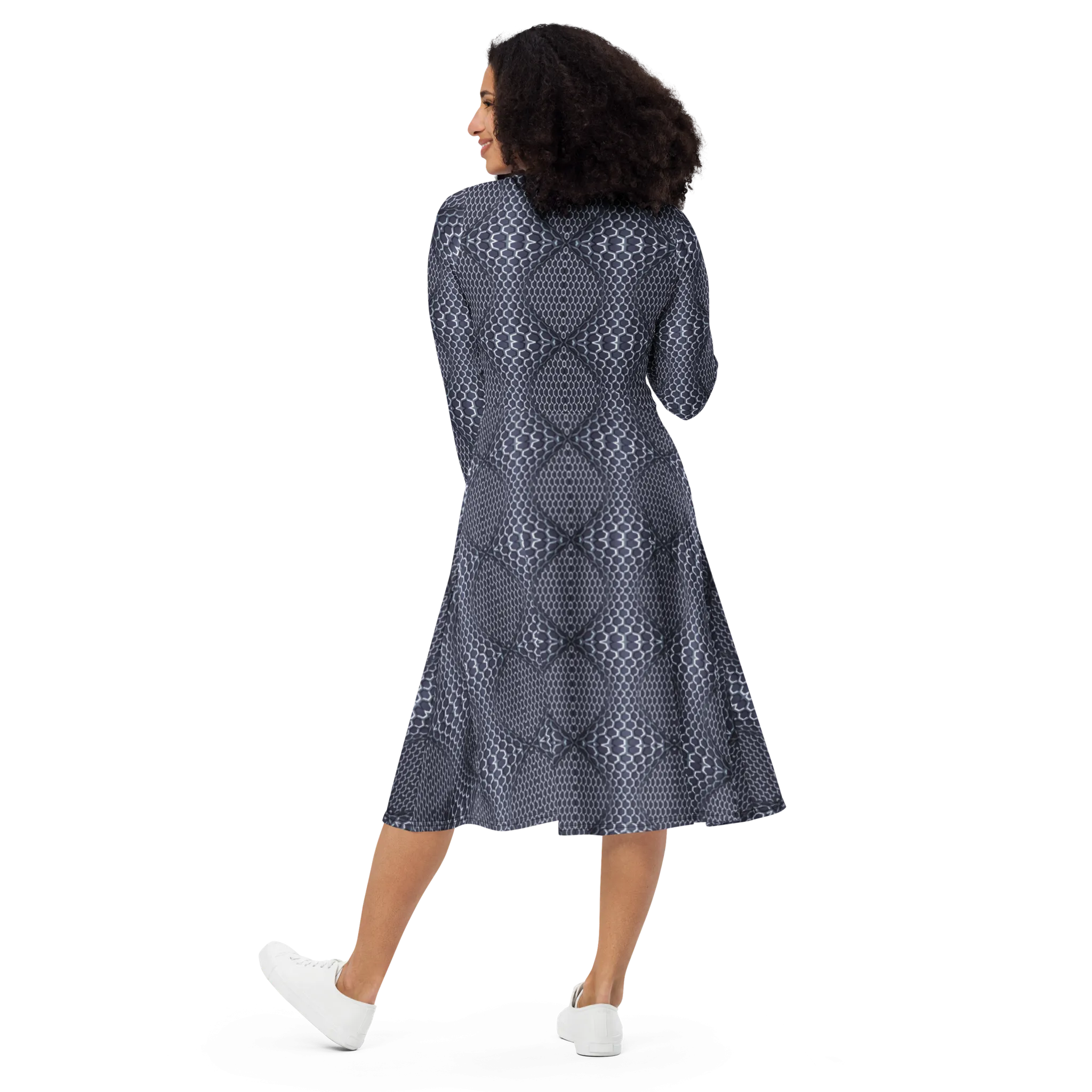Recursia Illusions Game Long Sleeve Midi Dress In Blue