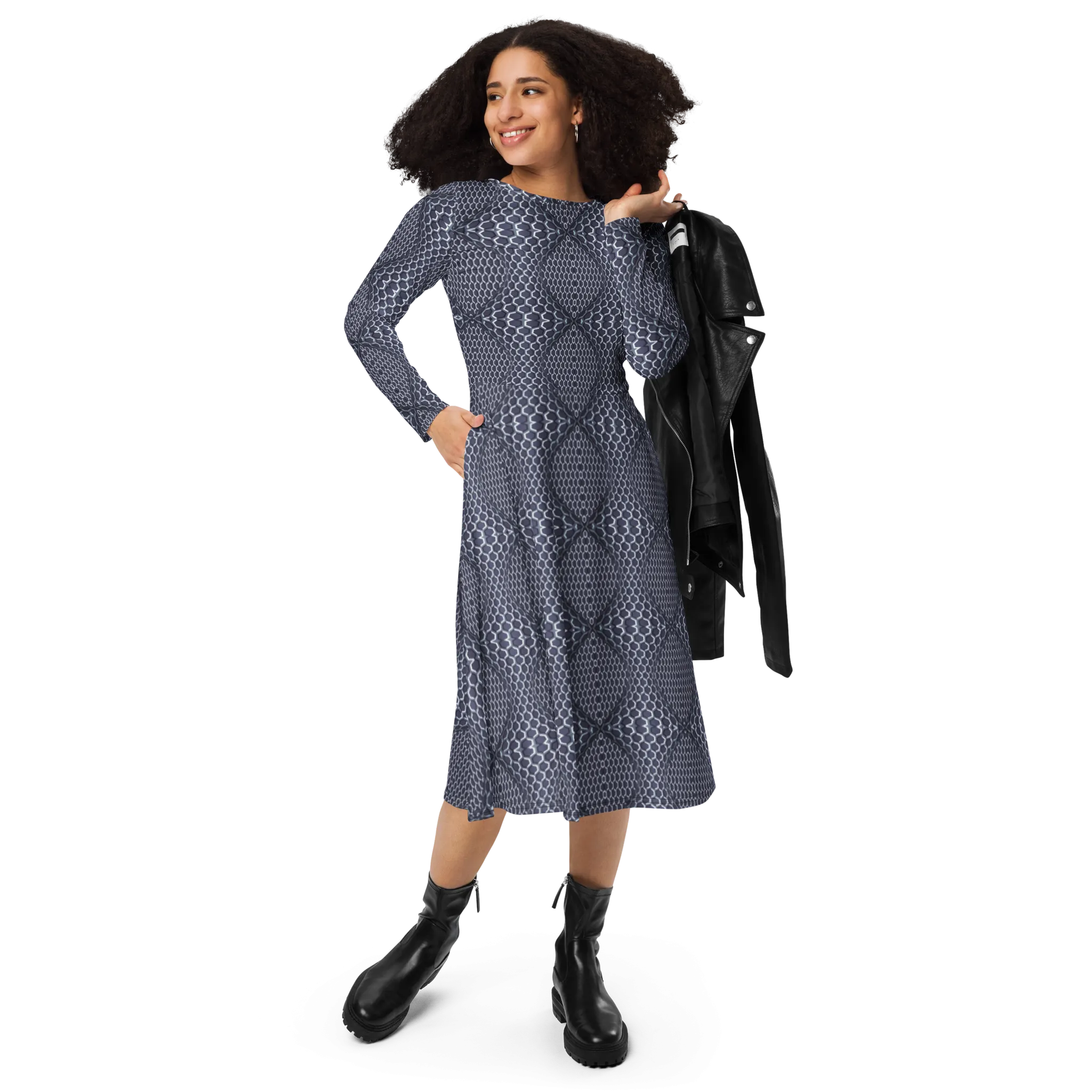 Recursia Illusions Game Long Sleeve Midi Dress In Blue