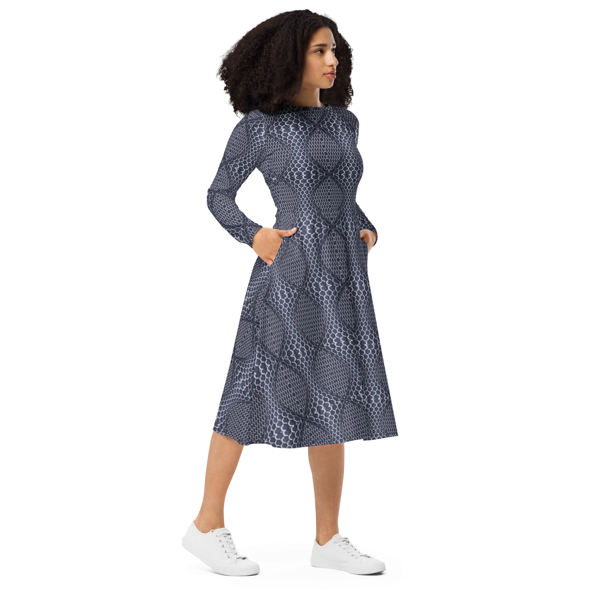 Recursia Illusions Game Long Sleeve Midi Dress In Blue