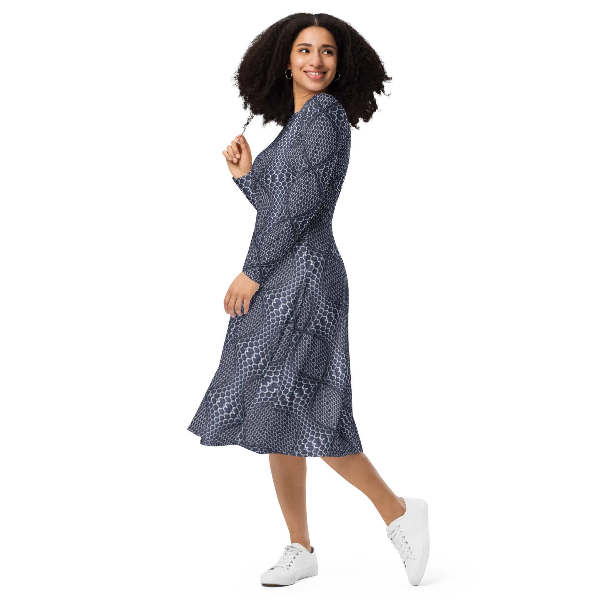 Recursia Illusions Game Long Sleeve Midi Dress In Blue