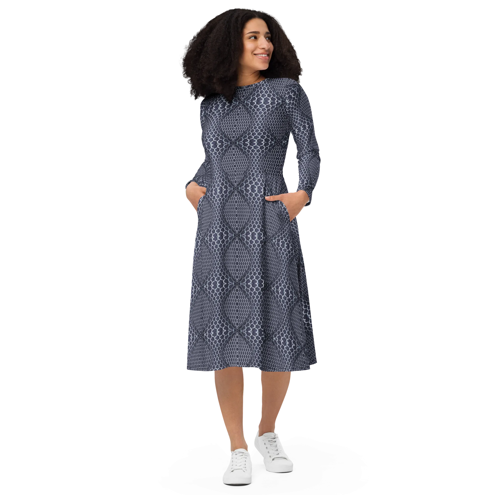Recursia Illusions Game Long Sleeve Midi Dress In Blue