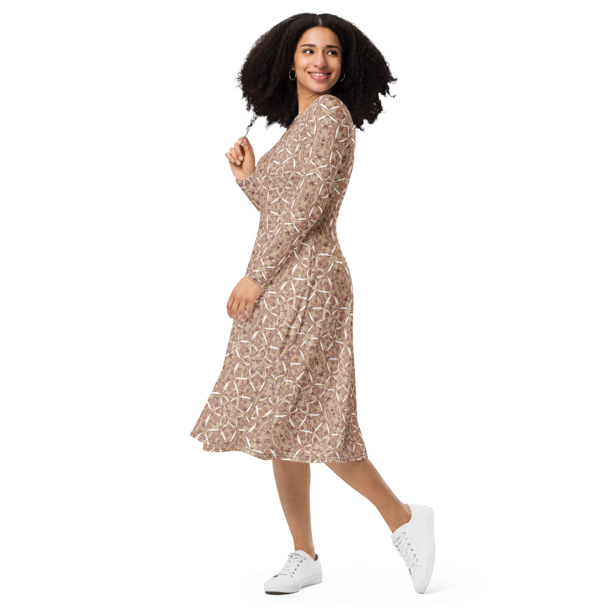 Recursia Lotus Light Long Sleeve Midi Dress In Pink