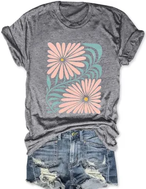Savarana Women Boho Flower Shirts Vintage Daisy T Shirt Funny Wildflowers Graphic Tees Cottage Core Short Sleeve Vacation Tops