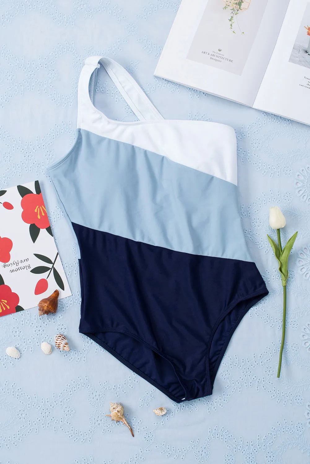Sky Color Block One Shoulder Backless One-Piece Swimwear