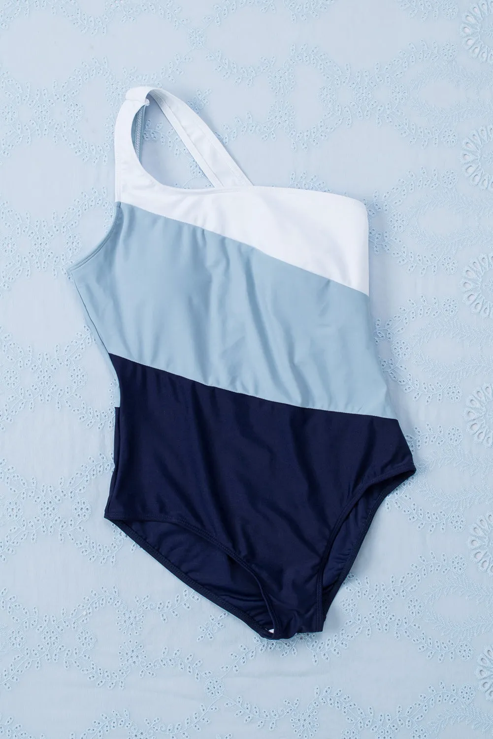Sky Color Block One Shoulder Backless One-Piece Swimwear