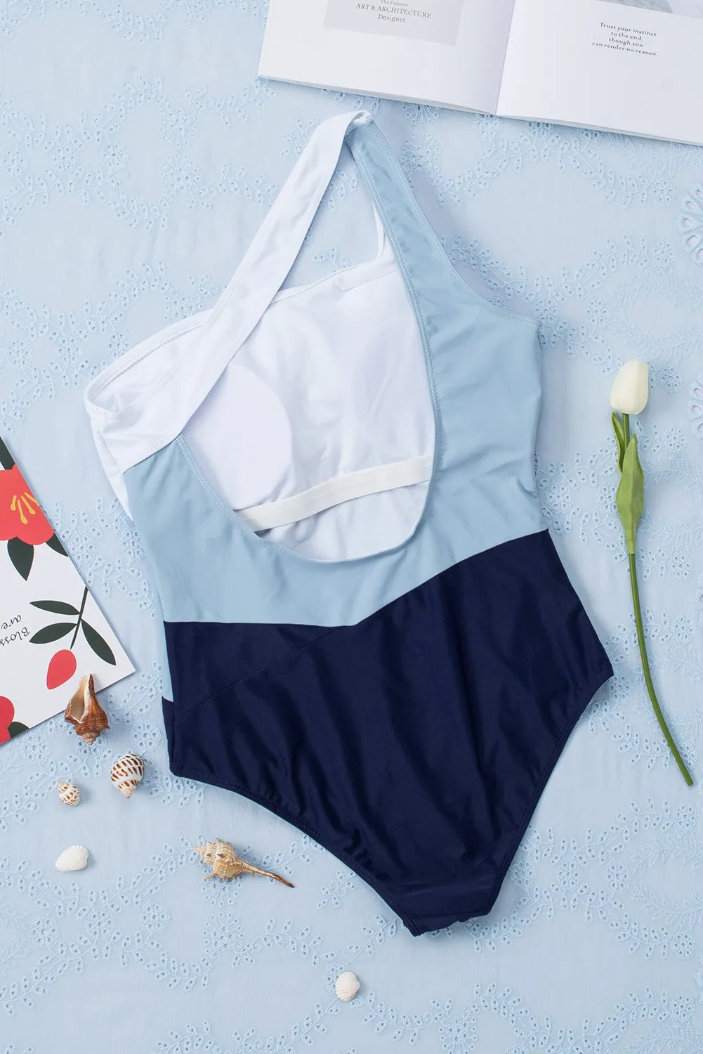 Sky Color Block One Shoulder Backless One-Piece Swimwear