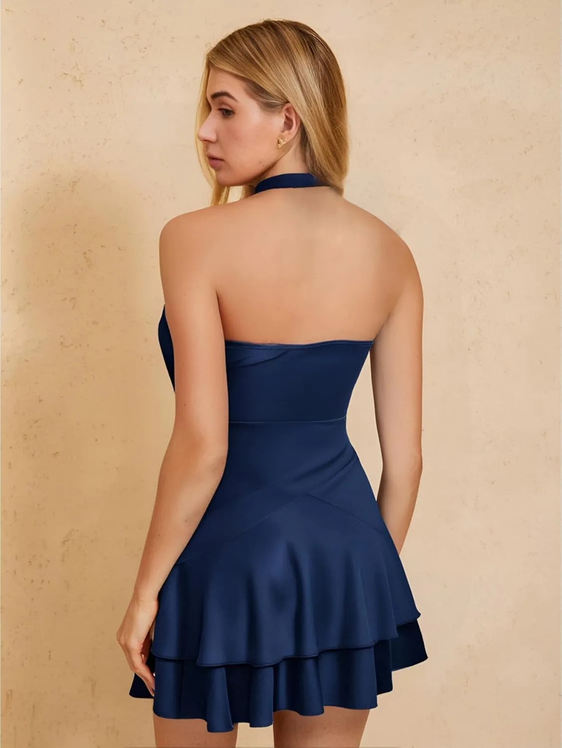 SOLY HUX Cute Halter Mini Dresses for Women Summer Sexy Club Party Backless Short Sundress
