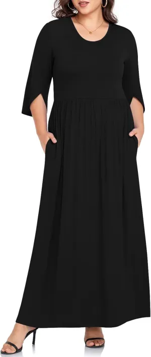 TAOHUADAO Women's Summer Plus Size Dresses Crewneck Ruffle 3/4 Sleeve Casual Maxi Dress