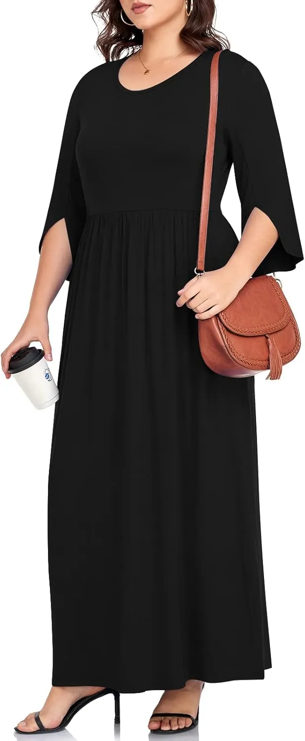 TAOHUADAO Women's Summer Plus Size Dresses Crewneck Ruffle 3/4 Sleeve Casual Maxi Dress