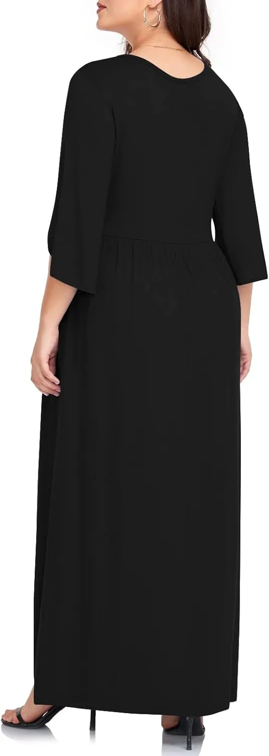 TAOHUADAO Women's Summer Plus Size Dresses Crewneck Ruffle 3/4 Sleeve Casual Maxi Dress