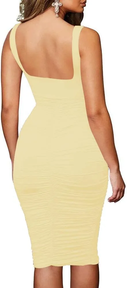 TOPSRANI Women Sexy Midi Dress Bodycon Casual Sleeveless Basic Ruched Tank Summer Club Party Dresses