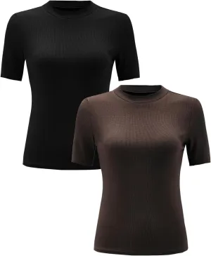 Verdusa Women's 2 Pack Casual Basic Mock Neck Short Sleeve Rib Knit Work Tops
