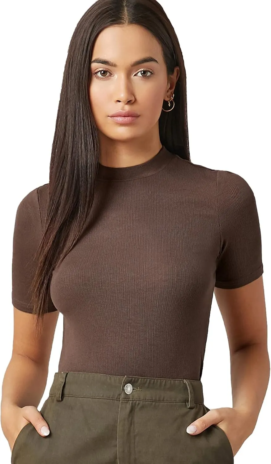 Verdusa Women's 2 Pack Casual Basic Mock Neck Short Sleeve Rib Knit Work Tops