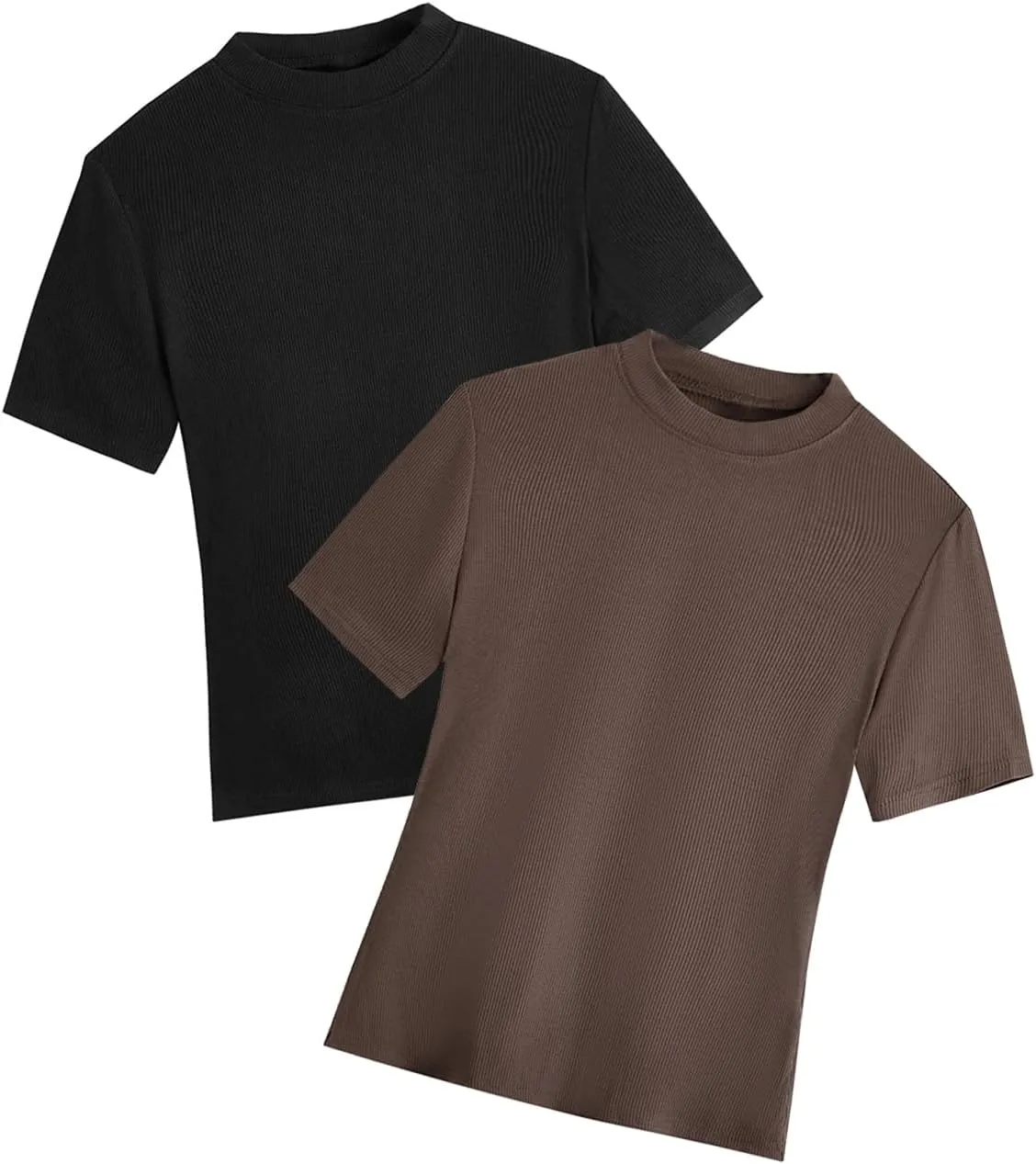 Verdusa Women's 2 Pack Casual Basic Mock Neck Short Sleeve Rib Knit Work Tops