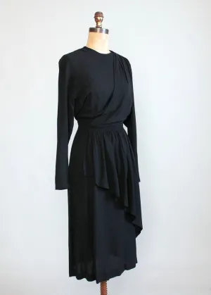 Vintage 1940s Black Crepe Draped Dress