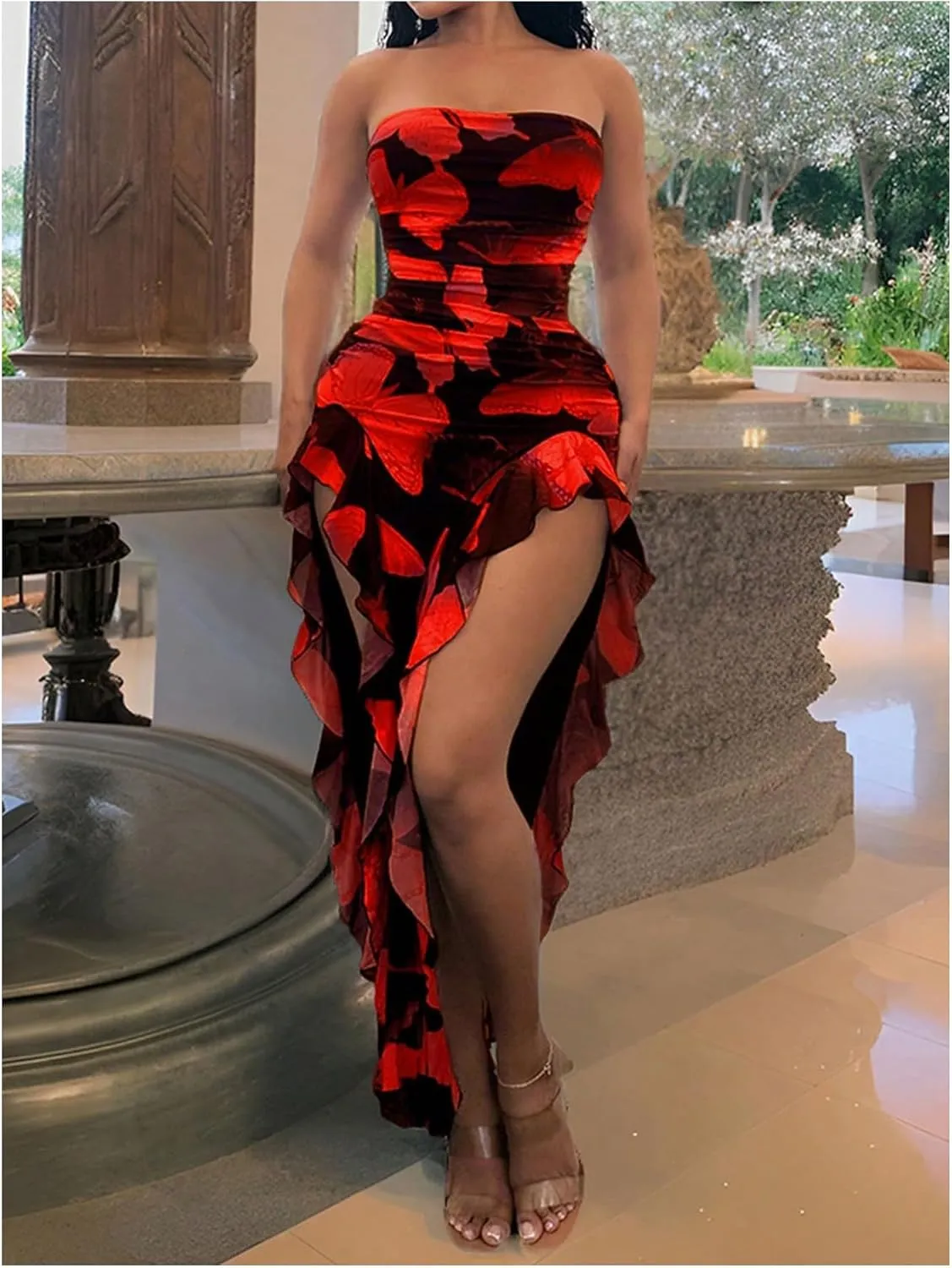 WDIRARA Women's Butterfly Print Asymmetrical Bodycon Maxi Dress Split Ruffle Trim Strapless Tube Dresses