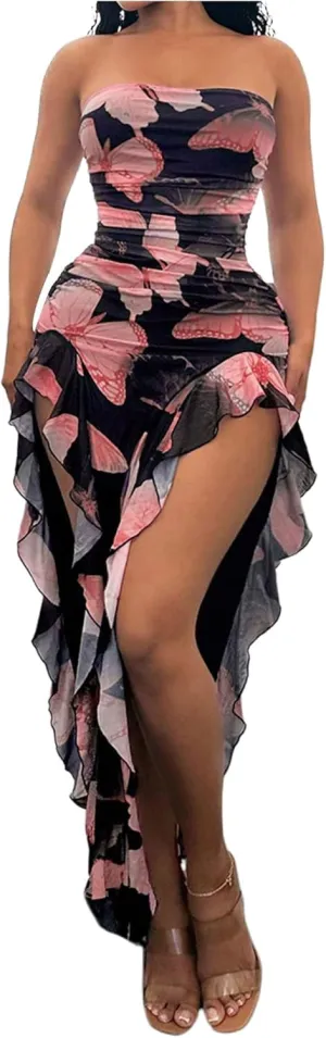 WDIRARA Women's Butterfly Print Asymmetrical Bodycon Maxi Dress Split Ruffle Trim Strapless Tube Dresses