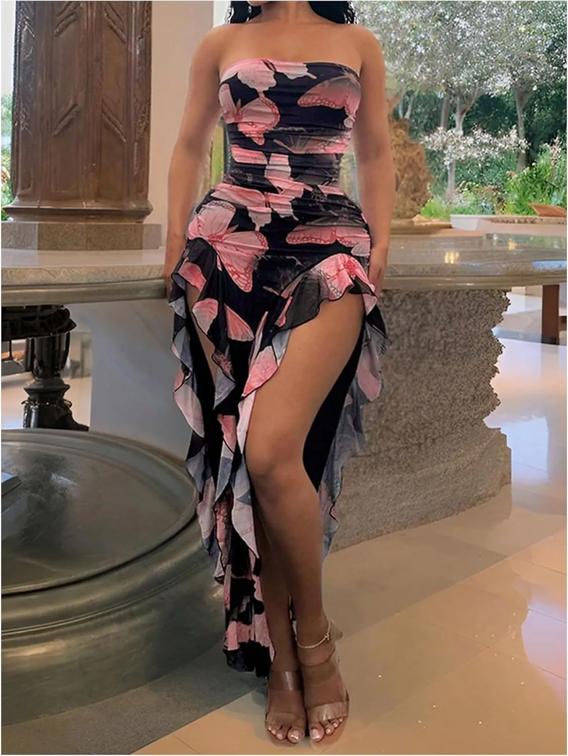 WDIRARA Women's Butterfly Print Asymmetrical Bodycon Maxi Dress Split Ruffle Trim Strapless Tube Dresses