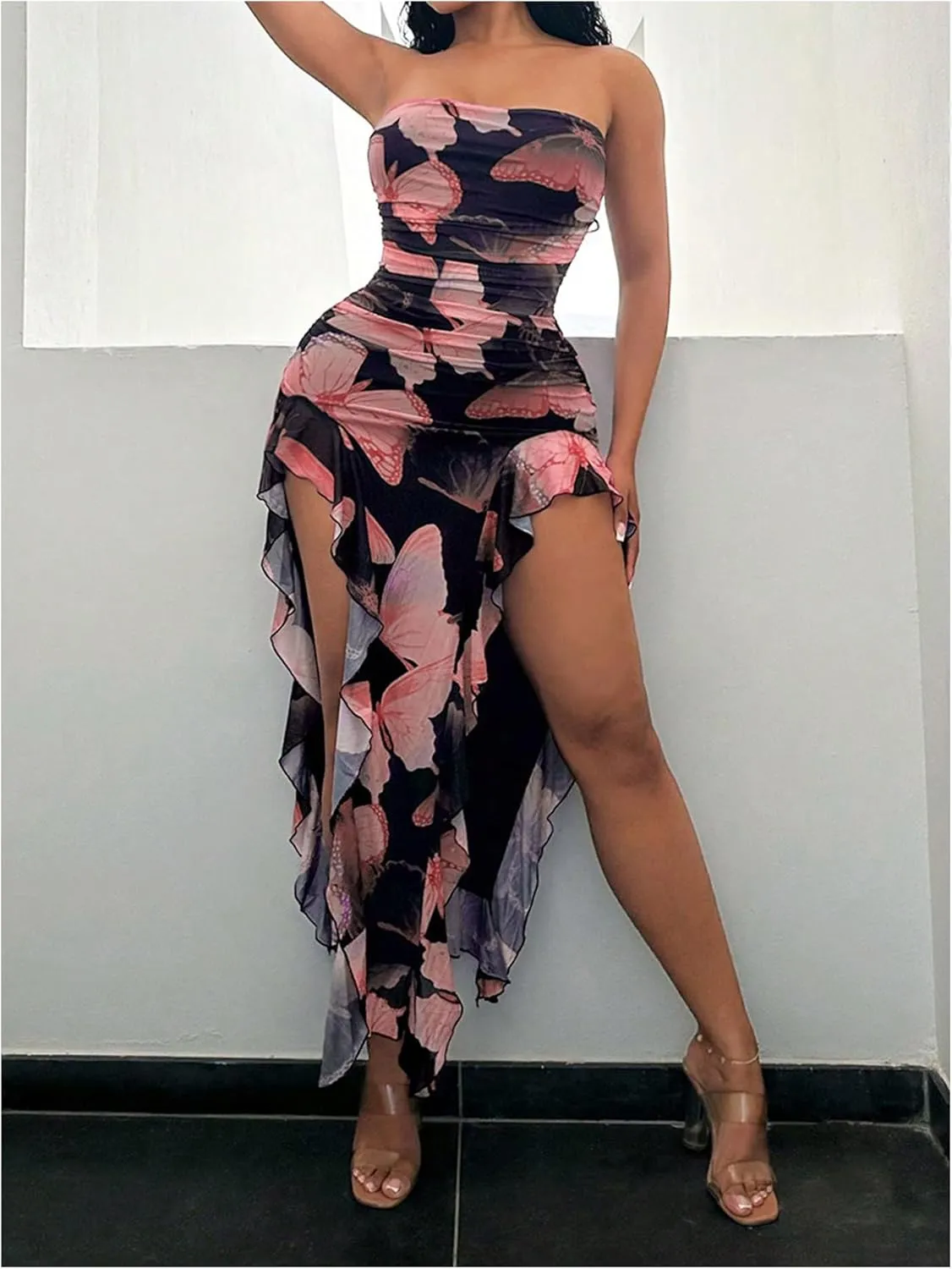 WDIRARA Women's Butterfly Print Asymmetrical Bodycon Maxi Dress Split Ruffle Trim Strapless Tube Dresses