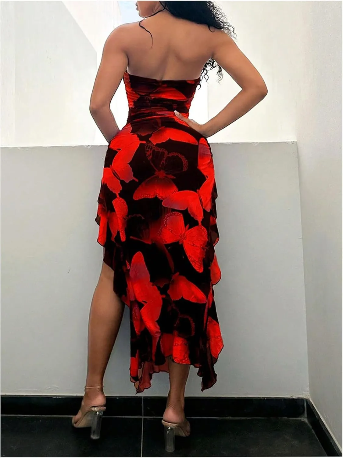 WDIRARA Women's Butterfly Print Asymmetrical Bodycon Maxi Dress Split Ruffle Trim Strapless Tube Dresses