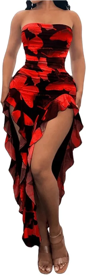 WDIRARA Women's Butterfly Print Asymmetrical Bodycon Maxi Dress Split Ruffle Trim Strapless Tube Dresses