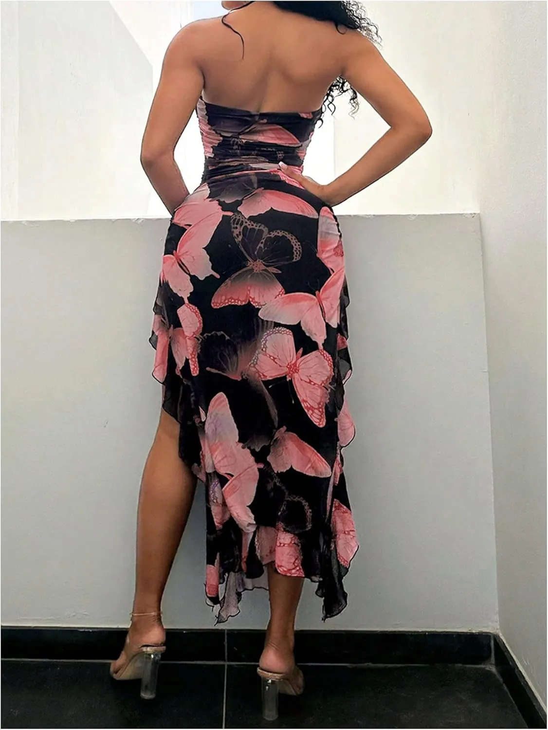 WDIRARA Women's Butterfly Print Asymmetrical Bodycon Maxi Dress Split Ruffle Trim Strapless Tube Dresses