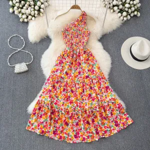 Wjczt Women Summer Bohemian Floral printed Sexy Long Print Long Dress Design Beach Holiday Elastic Waist sloping shoulders Sundress