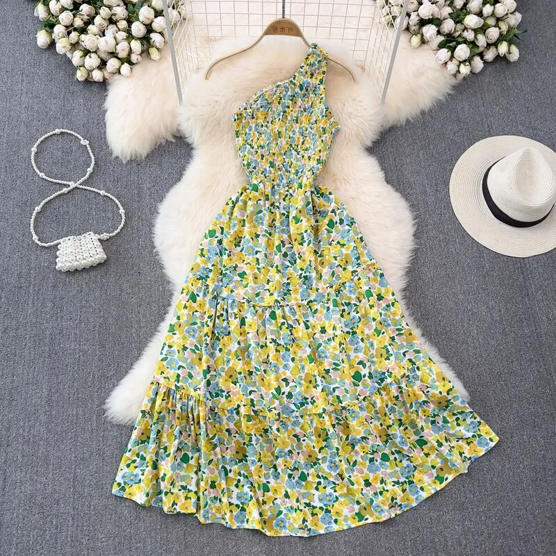 Wjczt Women Summer Bohemian Floral printed Sexy Long Print Long Dress Design Beach Holiday Elastic Waist sloping shoulders Sundress