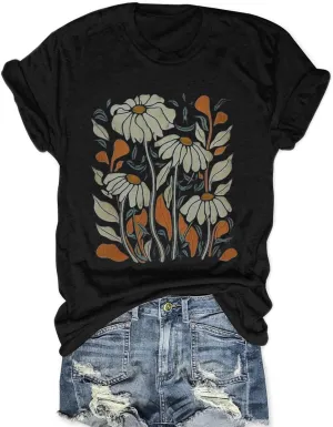 Women Boho Wildflower Shirts Funny Flower Plant T Shirt Cute Daisy Graphic Tees Short Sleev Vacation Tops