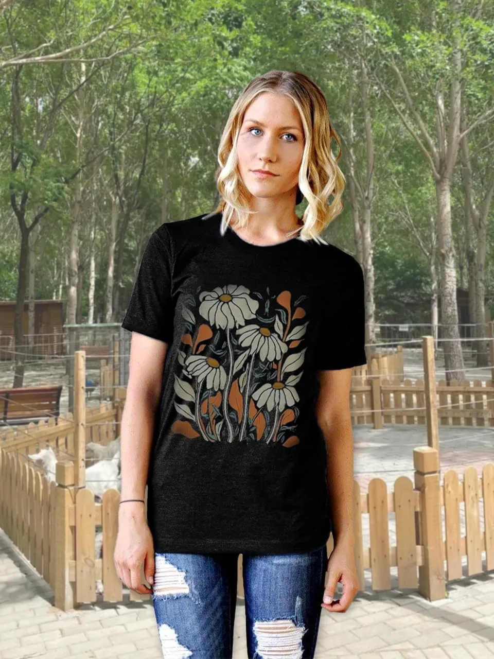 Women Boho Wildflower Shirts Funny Flower Plant T Shirt Cute Daisy Graphic Tees Short Sleev Vacation Tops