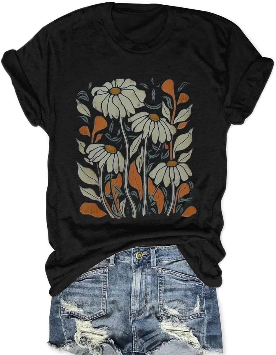 Women Boho Wildflower Shirts Funny Flower Plant T Shirt Cute Daisy Graphic Tees Short Sleev Vacation Tops